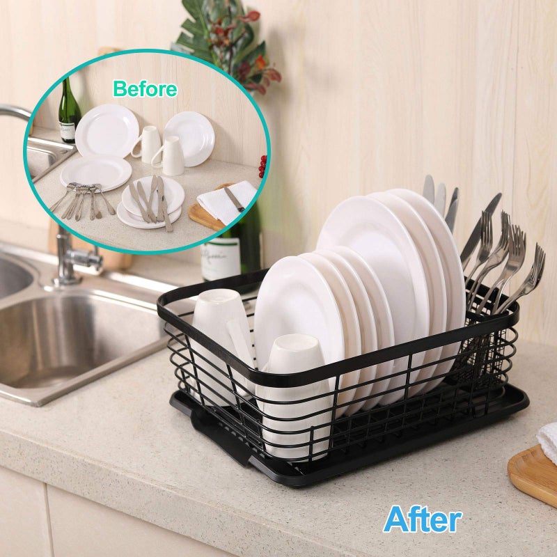 TQVAI Kitchen Dish Drainer Rack with Drying Board and Full-Mesh Silverware Utensils Holder, Black - Image 5